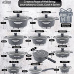 🍳 Ensemble de casseroles LIFE SMILE à texture granit (29 pièces) – Doté d'un revêtement antiadhésif multicouche en granit, 100 % sans PFOA ; comprend un ensemble complet d'ustensiles de cuisine et de friture.