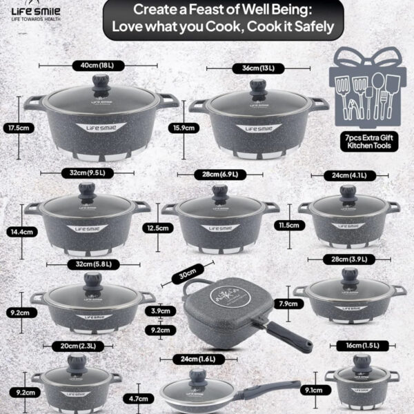 🍳 Ensemble de casseroles LIFE SMILE à texture granit (29 pièces) – Doté d'un revêtement antiadhésif multicouche en granit, 100 % sans PFOA ; comprend un ensemble complet d'ustensiles de cuisine et de friture.