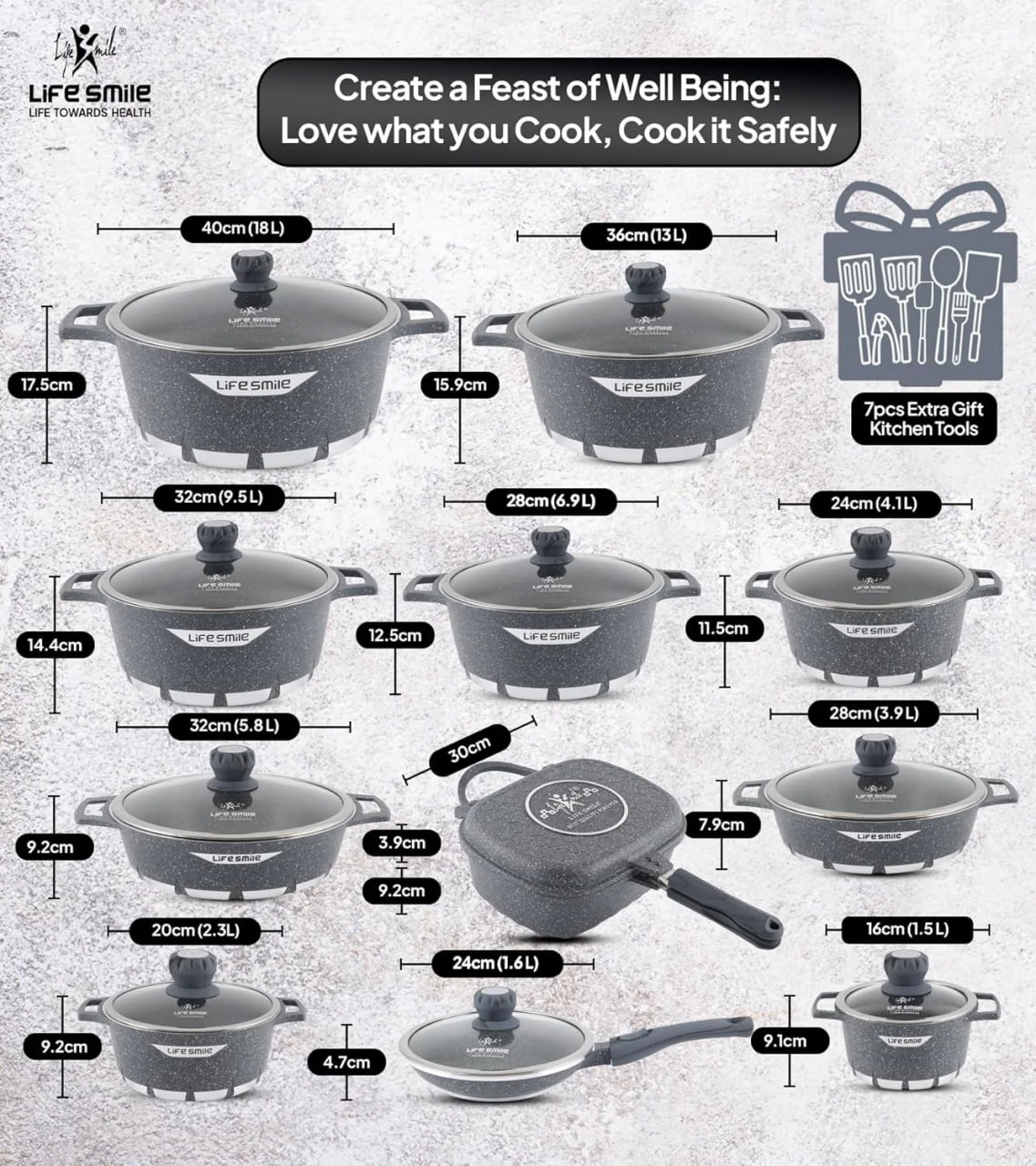 photo_2026-01-13_23-45-43 🍳 Ensemble de casseroles LIFE SMILE à texture granit (29 pièces) – Doté d'un revêtement antiadhésif multicouche en granit, 100 % sans PFOA ; comprend un ensemble complet d'ustensiles de cuisine et de friture. - Image 1
